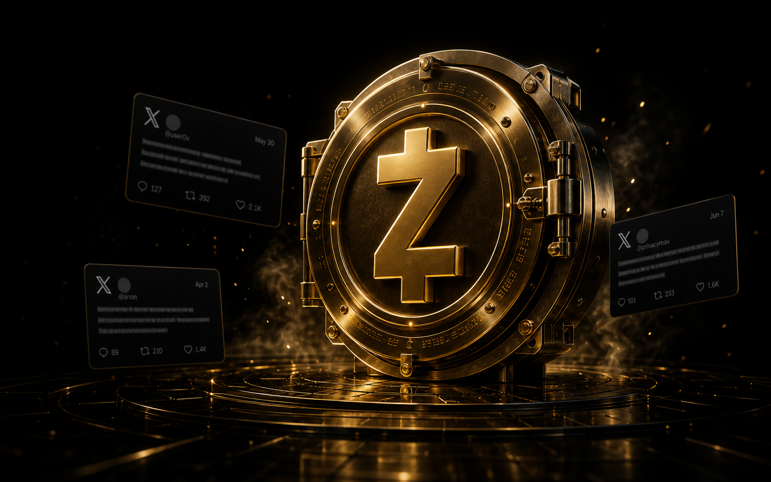 Gold Zcash vault surrounded by floating receipt cards